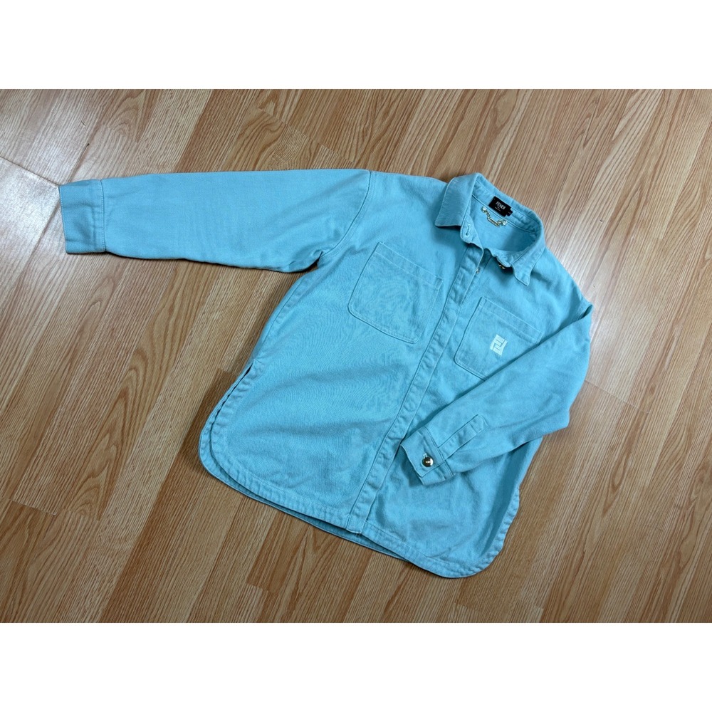 Fendi Roma Light Blue Denim Shirt Jacket Embroidered Logo Made in Italy Large